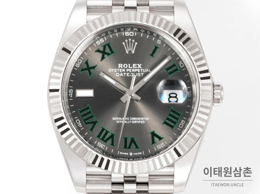 롤렉스 데이트저스트 41 슬레이트 다이얼 그린 로마 인덱스 쥬빌리 브레이슬릿 시계 41mm