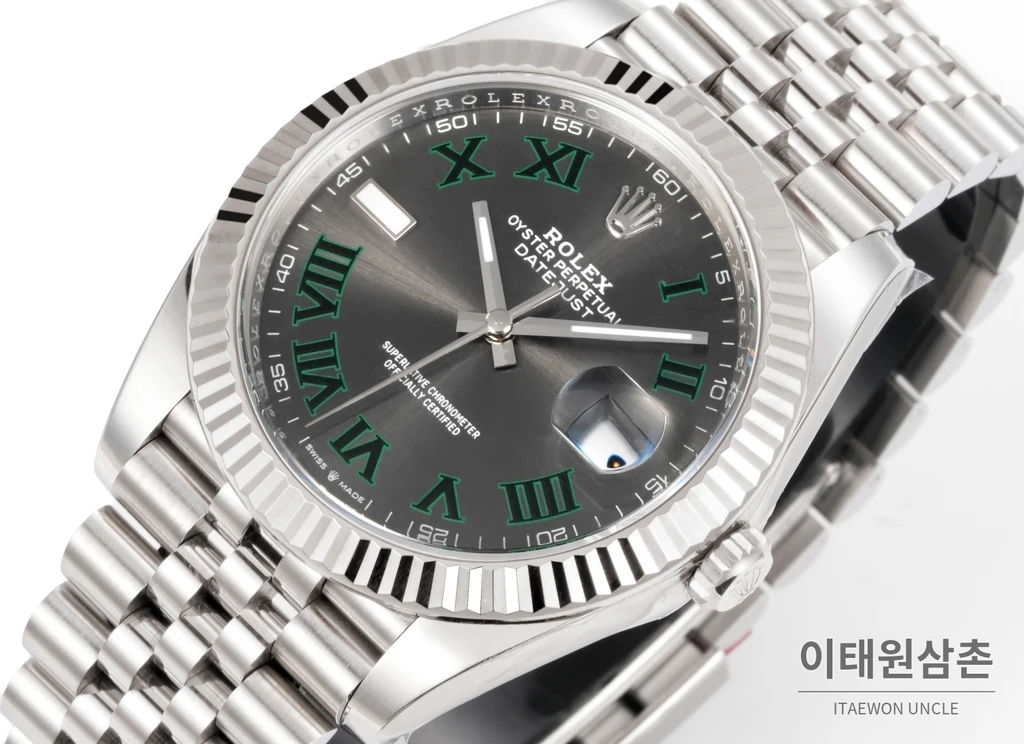 롤렉스 데이트저스트 41 슬레이트 다이얼 그린 로마 인덱스 쥬빌리 브레이슬릿 시계 41mm