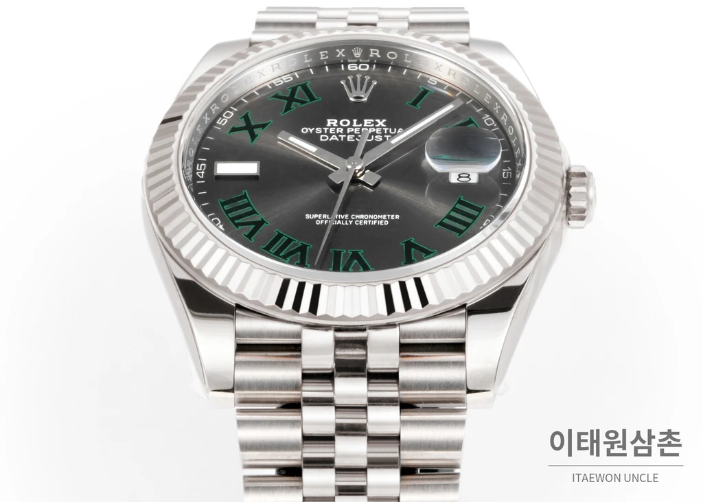 롤렉스 데이트저스트 41 슬레이트 다이얼 그린 로마 인덱스 쥬빌리 브레이슬릿 시계 41mm