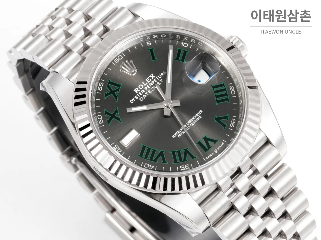 롤렉스 데이트저스트 41 슬레이트 다이얼 그린 로마 인덱스 쥬빌리 브레이슬릿 시계 41mm