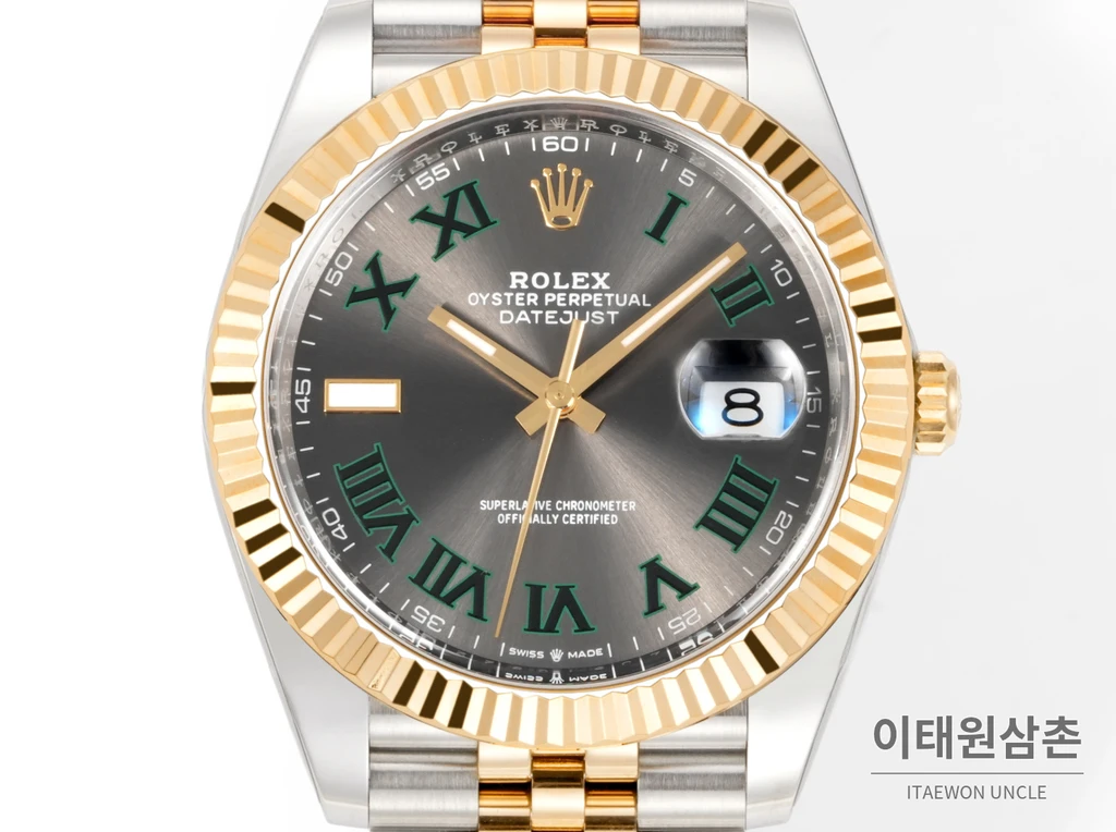 롤렉스 데이트저스트 41 슬레이트 다이얼 그린 로마 인덱스 골드 컬러 콤비 시계 41mm