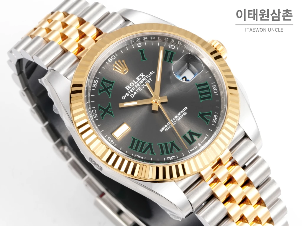 롤렉스 데이트저스트 41 슬레이트 다이얼 그린 로마 인덱스 골드 컬러 콤비 시계 41mm