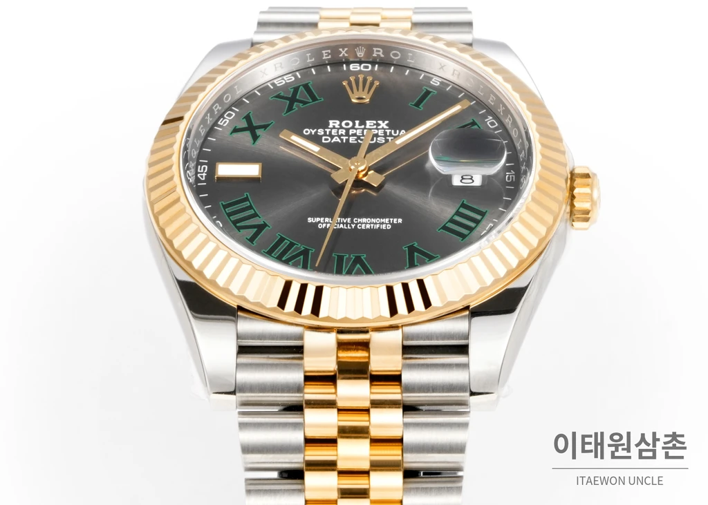 롤렉스 데이트저스트 41 슬레이트 다이얼 그린 로마 인덱스 골드 컬러 콤비 시계 41mm