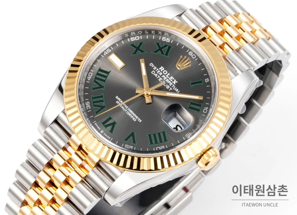 롤렉스 데이트저스트 41 슬레이트 다이얼 그린 로마 인덱스 골드 컬러 콤비 시계 41mm