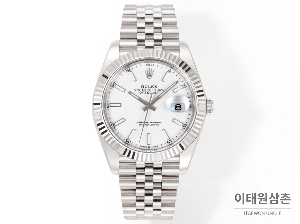 롤렉스 데이트저스트 41 화이트 다이얼 실버 베젤 쥬빌리 브레이슬릿 시계 41mm