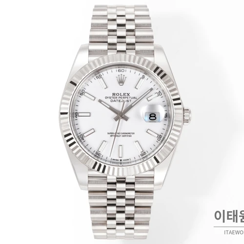롤렉스 데이트저스트 41 화이트 다이얼 실버 베젤 쥬빌리 브레이슬릿 시계 41mm 롤렉스 데이트저스트 41 화이트 다이얼 실버 베젤 쥬빌리 브레이슬릿 시계 41mm