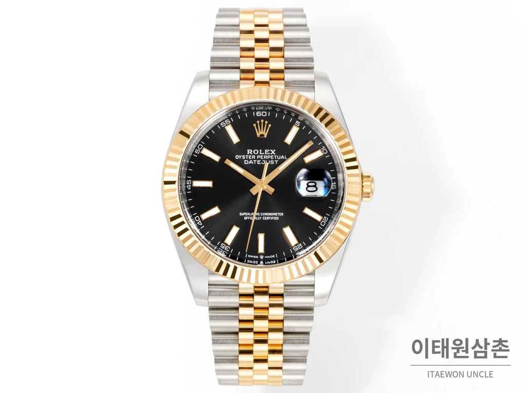 롤렉스 데이트저스트 41 옐로우콤비 플루티드베젤 블랙다이얼 쥬빌리 자동 시계 41mm