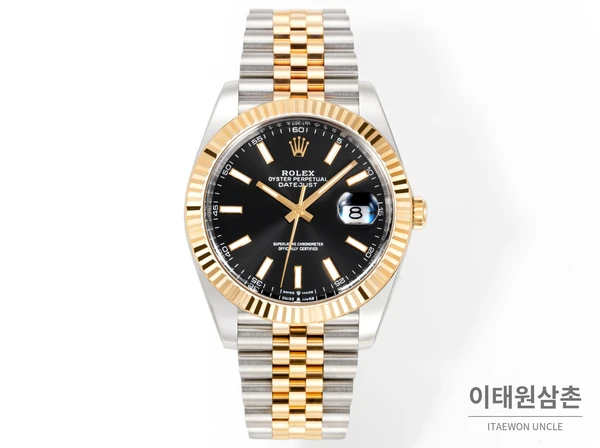 롤렉스 데이트저스트 41 옐로우콤비 플루티드베젤 블랙다이얼 쥬빌리 자동 시계 41mm