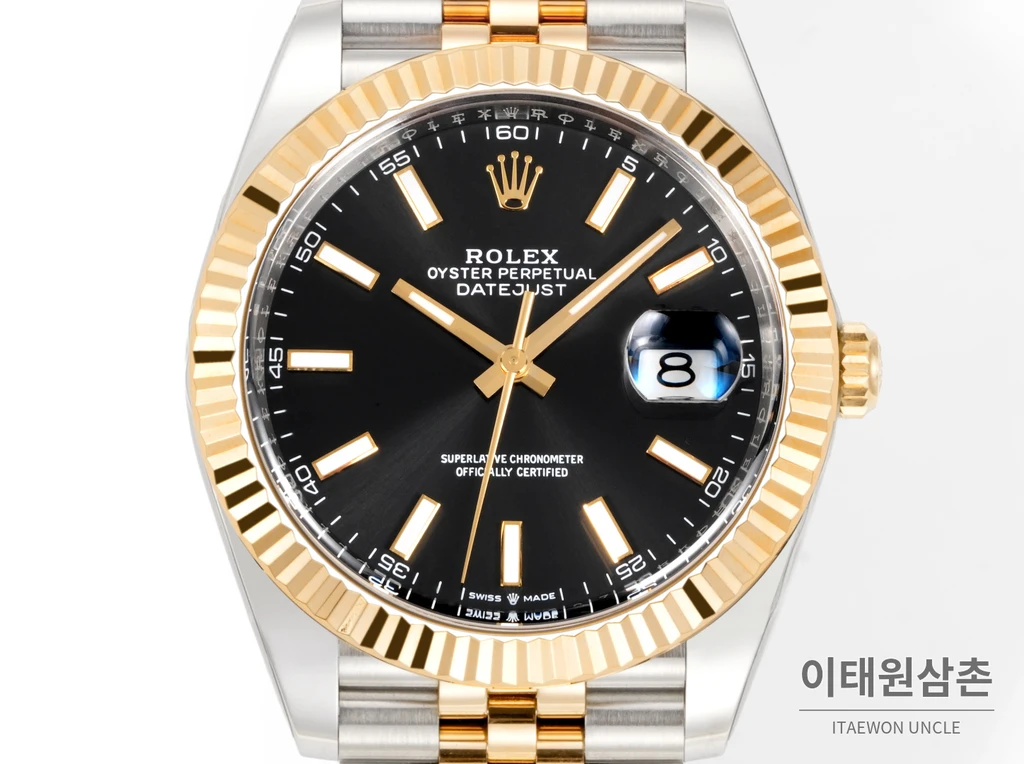 롤렉스 데이트저스트 41 옐로우콤비 플루티드베젤 블랙다이얼 쥬빌리 자동 시계 41mm