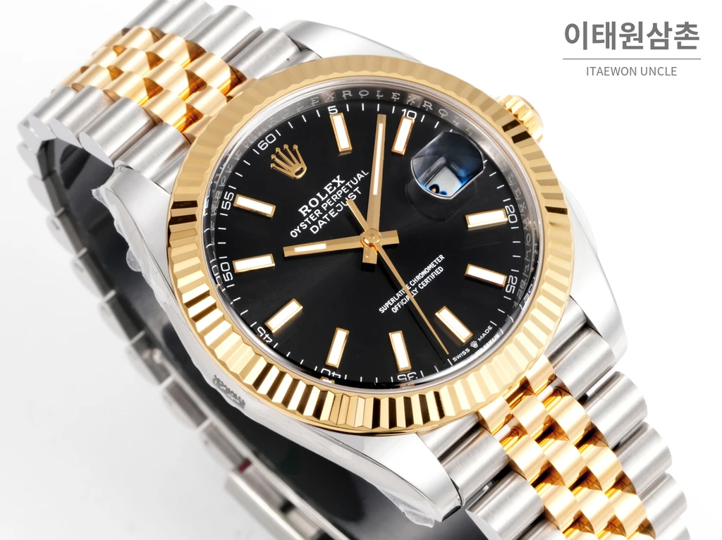 롤렉스 데이트저스트 41 옐로우콤비 플루티드베젤 블랙다이얼 쥬빌리 자동 시계 41mm