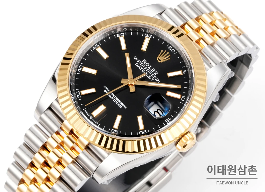 롤렉스 데이트저스트 41 옐로우콤비 플루티드베젤 블랙다이얼 쥬빌리 자동 시계 41mm