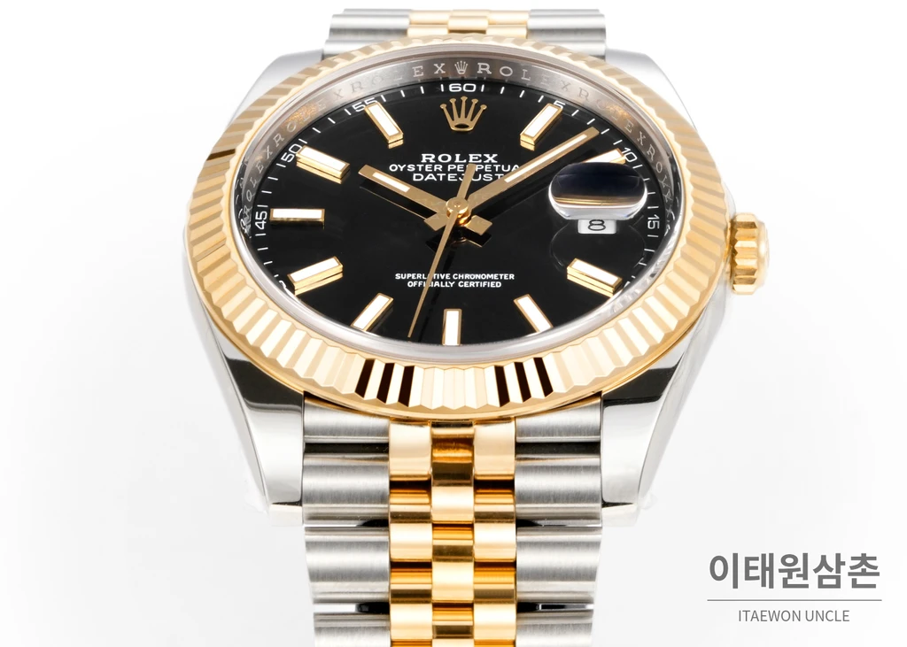롤렉스 데이트저스트 41 옐로우콤비 플루티드베젤 블랙다이얼 쥬빌리 자동 시계 41mm