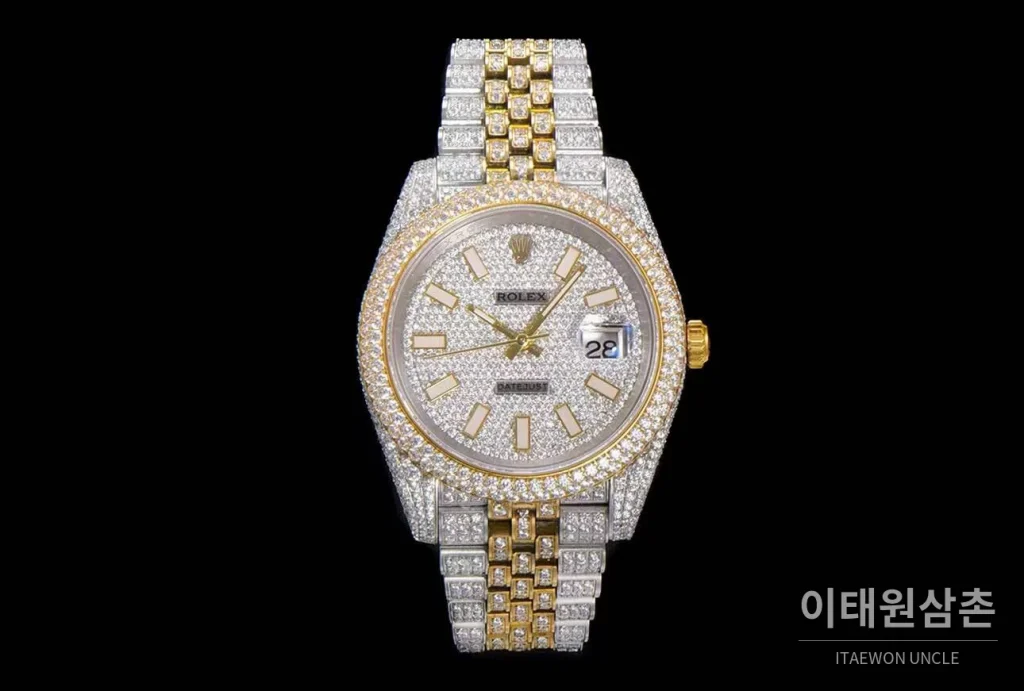 롤렉스 데이트저스트 904L스틸 풀다이아 아이스아웃 오토매틱 41mm 화이트 다이얼 투톤 브레이슬릿 골드 베젤