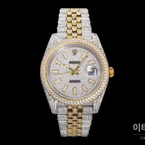 롤렉스 데이트저스트 904L스틸 풀다이아 아이스아웃 오토매틱 41mm 화이트 다이얼 투톤 브레이슬릿 골드 베젤