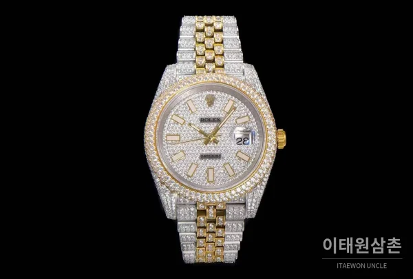 롤렉스 데이트저스트 904L스틸 풀다이아 아이스아웃 오토매틱 41mm 화이트 다이얼 투톤 브레이슬릿 골드 베젤