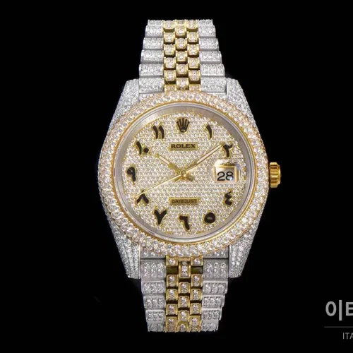 롤렉스 데이트저스트 904L스틸 풀다이아 아이스아웃 오토매틱 41mm 샴페인 다이얼 투톤 브레이슬릿 골드 베젤