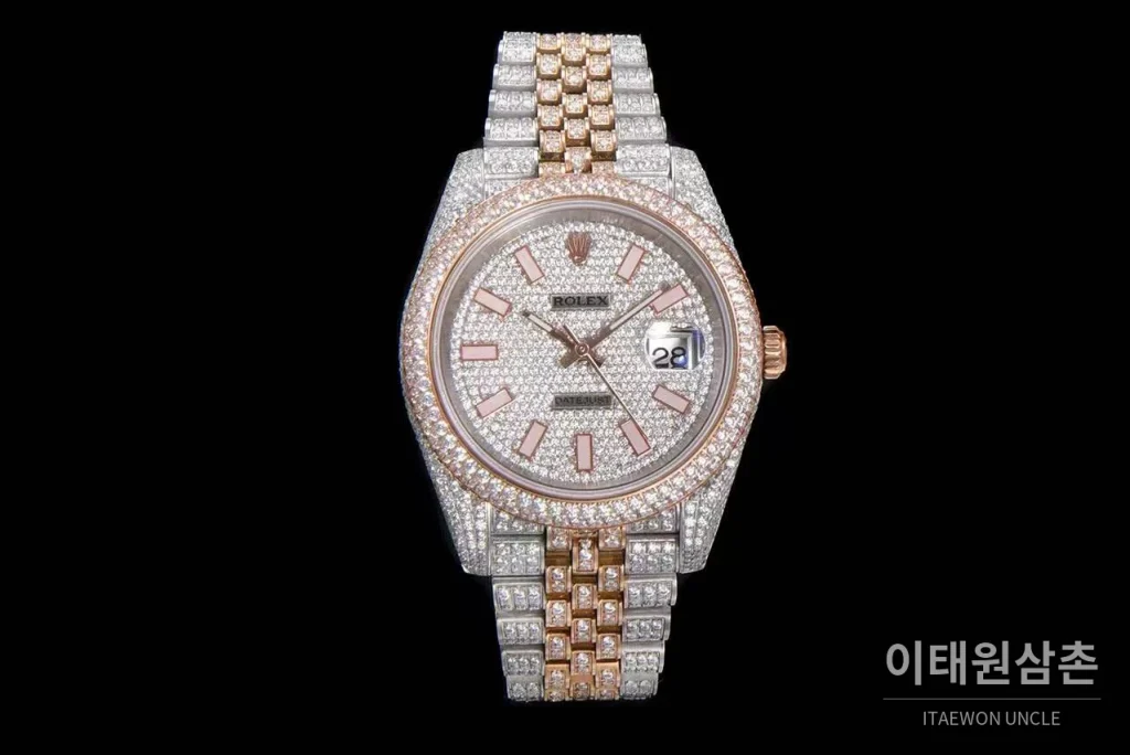 롤렉스 데이트저스트 904L스틸 풀다이아 아이스아웃 오토매틱 41mm 화이트 다이얼 투톤 브레이슬릿 로즈골드 베젤