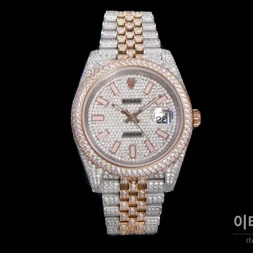 롤렉스 데이트저스트 904L스틸 풀다이아 아이스아웃 오토매틱 41mm 화이트 다이얼 투톤 브레이슬릿 로즈골드 베젤