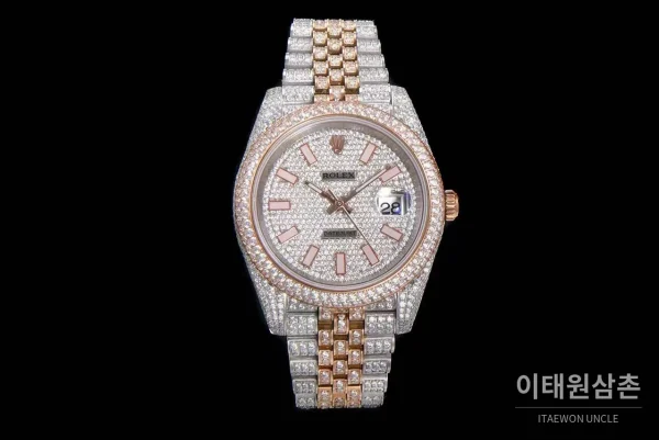 롤렉스 데이트저스트 904L스틸 풀다이아 아이스아웃 오토매틱 41mm 화이트 다이얼 투톤 브레이슬릿 로즈골드 베젤