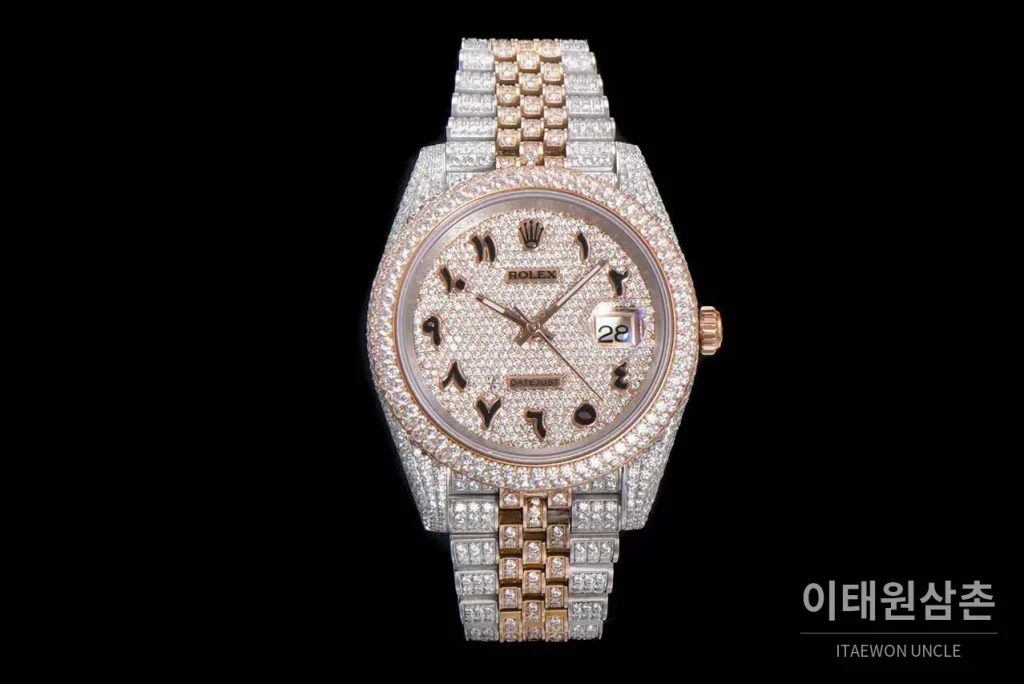롤렉스 데이트저스트 904L스틸 풀다이아 아이스아웃 오토매틱 41mm 화이트 다이얼 투톤 브레이슬릿 로즈골드 베젤 (2)