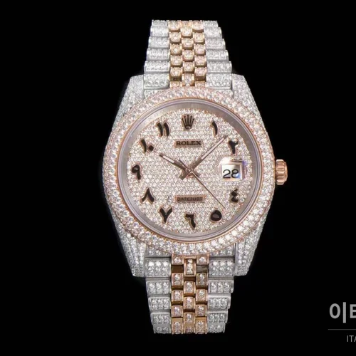 롤렉스 데이트저스트 904L스틸 풀다이아 아이스아웃 오토매틱 41mm 화이트 다이얼 투톤 브레이슬릿 로즈골드 베젤 (2)
