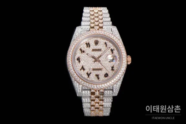 롤렉스 데이트저스트 904L스틸 풀다이아 아이스아웃 오토매틱 41mm 화이트 다이얼 투톤 브레이슬릿 로즈골드 베젤 (2)