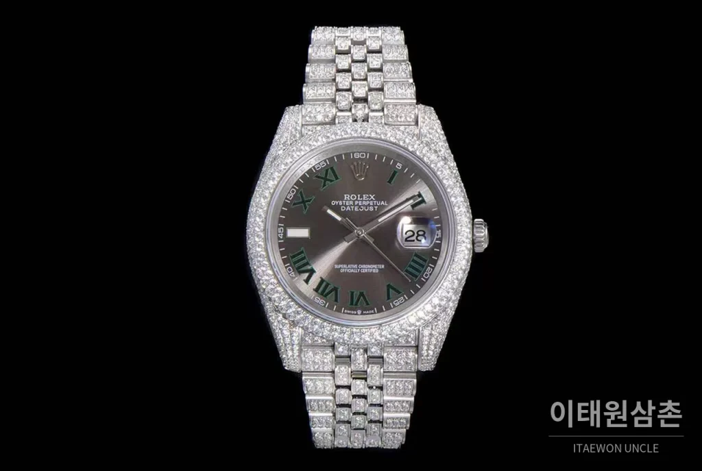 롤렉스 데이트저스트 904L스틸 풀다이아 아이스아웃 오토매틱 41mm 그레이 다이얼 스틸 브레이슬릿 실버 베젤