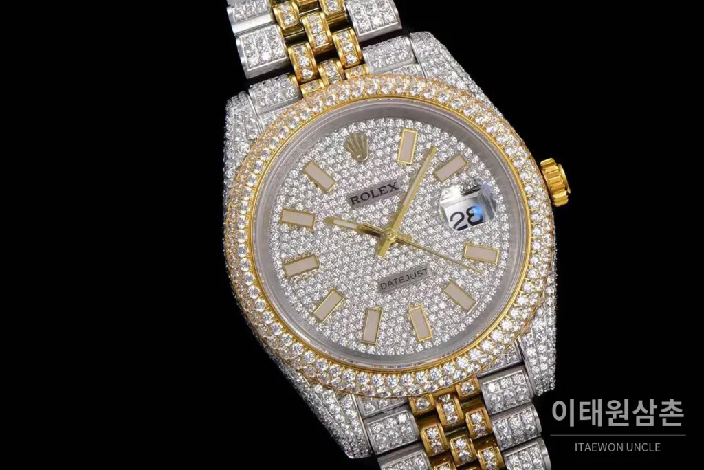 롤렉스 데이트저스트 904L스틸 풀다이아 아이스아웃 오토매틱 41mm 화이트 다이얼 투톤 브레이슬릿 골드 베젤