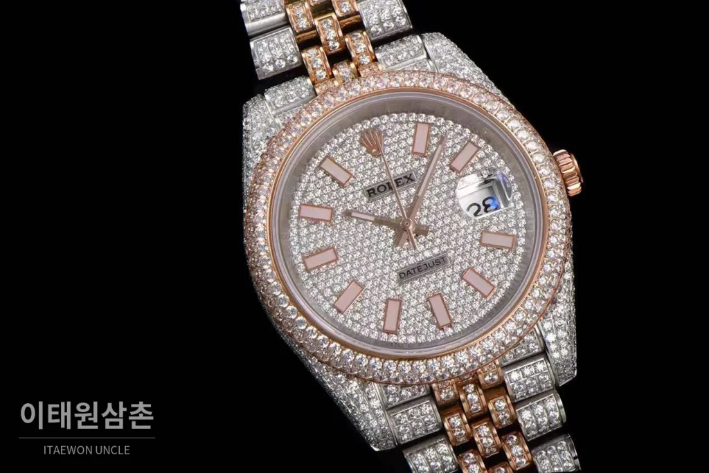 롤렉스 데이트저스트 904L스틸 풀다이아 아이스아웃 오토매틱 41mm 화이트 다이얼 투톤 브레이슬릿 로즈골드 베젤