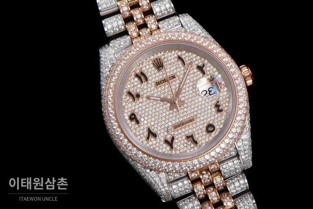롤렉스 데이트저스트 904L스틸 풀다이아 아이스아웃 오토매틱 41mm 화이트 다이얼 투톤 브레이슬릿 로즈골드 베젤 (2)
