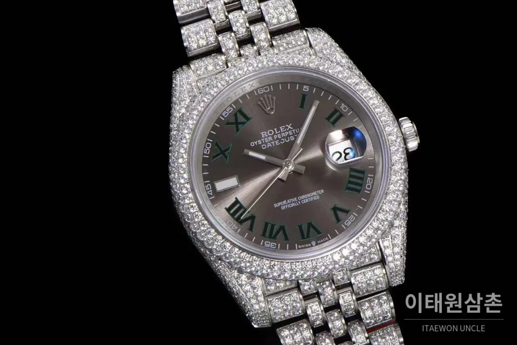 롤렉스 데이트저스트 904L스틸 풀다이아 아이스아웃 오토매틱 41mm 그레이 다이얼 스틸 브레이슬릿 실버 베젤