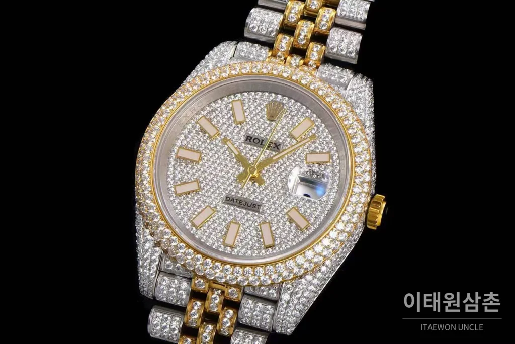 롤렉스 데이트저스트 904L스틸 풀다이아 아이스아웃 오토매틱 41mm 화이트 다이얼 투톤 브레이슬릿 골드 베젤
