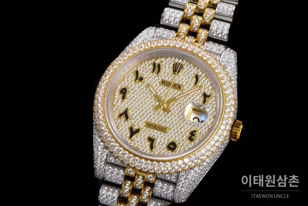 롤렉스 데이트저스트 904L스틸 풀다이아 아이스아웃 오토매틱 41mm 샴페인 다이얼 투톤 브레이슬릿 골드 베젤