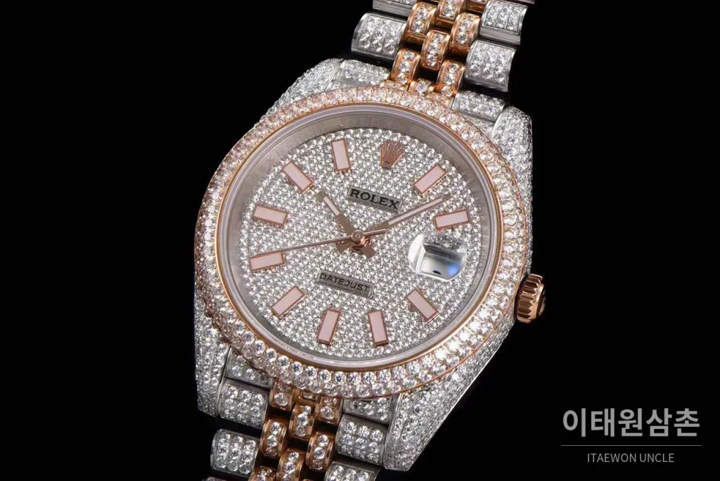 롤렉스 데이트저스트 904L스틸 풀다이아 아이스아웃 오토매틱 41mm 화이트 다이얼 투톤 브레이슬릿 로즈골드 베젤