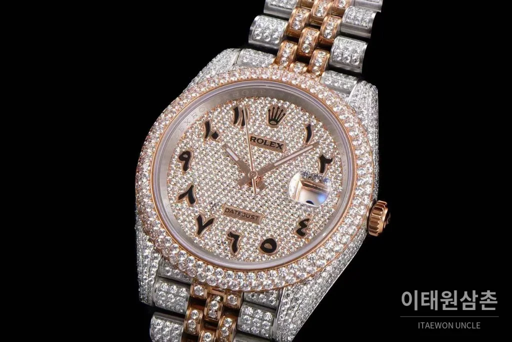 롤렉스 데이트저스트 904L스틸 풀다이아 아이스아웃 오토매틱 41mm 화이트 다이얼 투톤 브레이슬릿 로즈골드 베젤 (2)