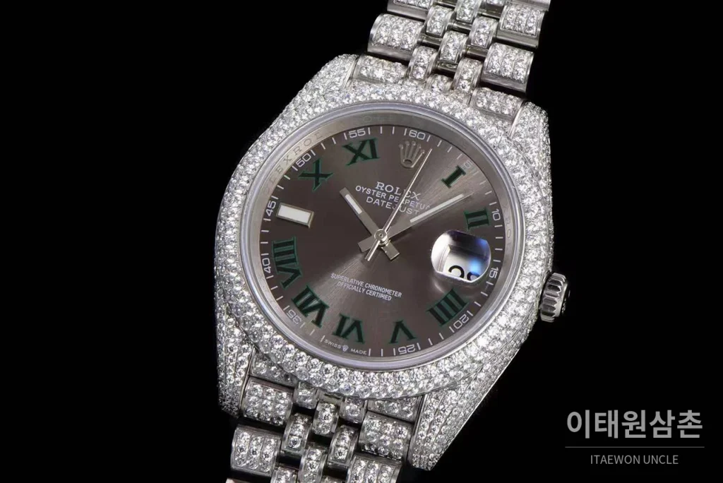 롤렉스 데이트저스트 904L스틸 풀다이아 아이스아웃 오토매틱 41mm 그레이 다이얼 스틸 브레이슬릿 실버 베젤