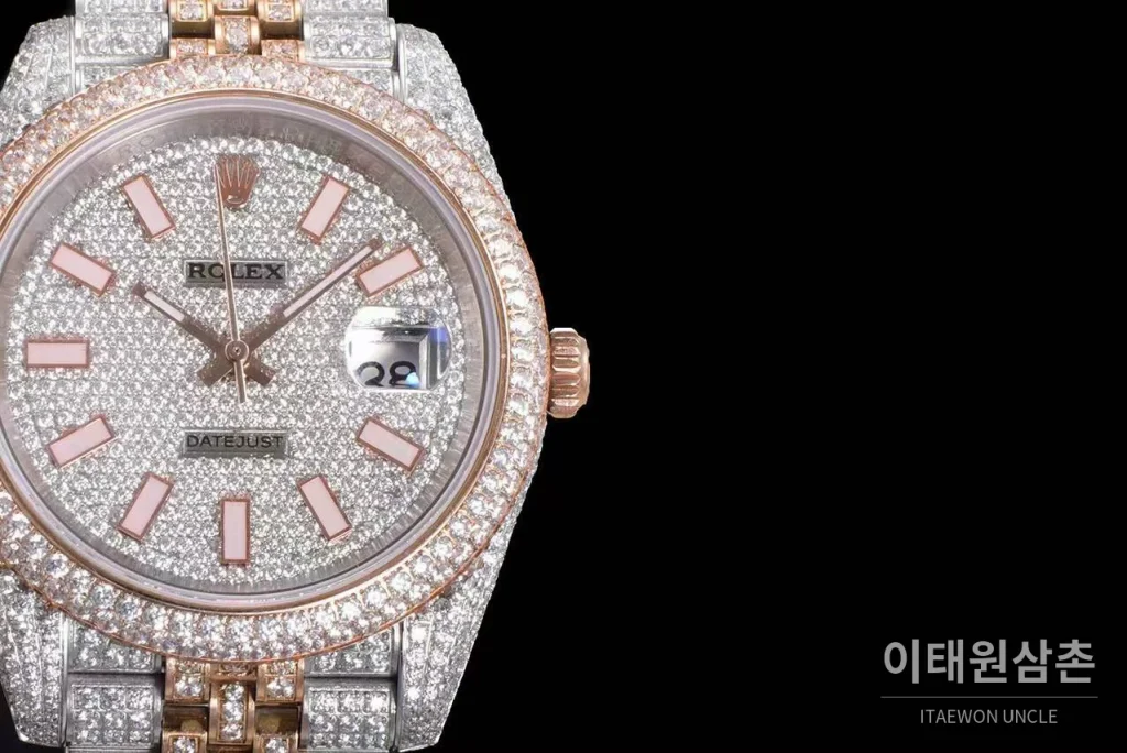 롤렉스 데이트저스트 904L스틸 풀다이아 아이스아웃 오토매틱 41mm 화이트 다이얼 투톤 브레이슬릿 로즈골드 베젤