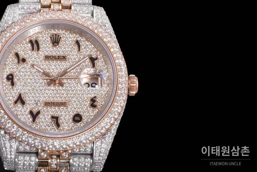 롤렉스 데이트저스트 904L스틸 풀다이아 아이스아웃 오토매틱 41mm 화이트 다이얼 투톤 브레이슬릿 로즈골드 베젤 (2)