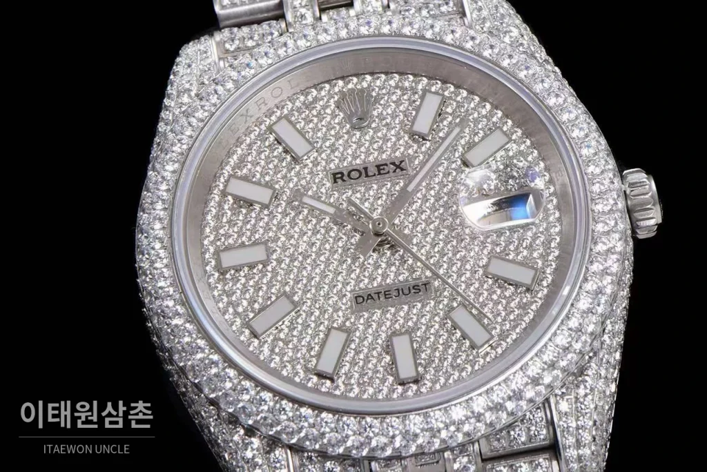롤렉스 데이트저스트 904L스틸 풀다이아 아이스아웃 오토매틱 41mm 실버 다이얼 스틸 브레이슬릿