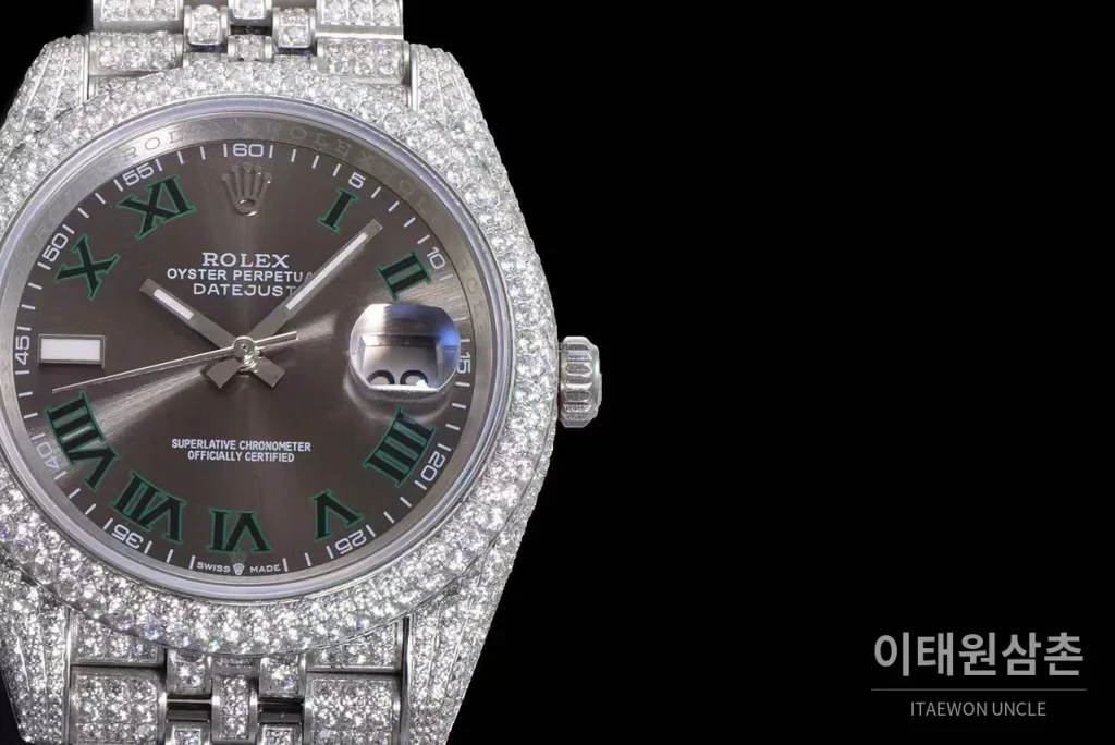 롤렉스 데이트저스트 904L스틸 풀다이아 아이스아웃 오토매틱 41mm 그레이 다이얼 스틸 브레이슬릿 실버 베젤