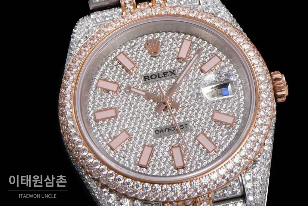 롤렉스 데이트저스트 904L스틸 풀다이아 아이스아웃 오토매틱 41mm 화이트 다이얼 투톤 브레이슬릿 로즈골드 베젤