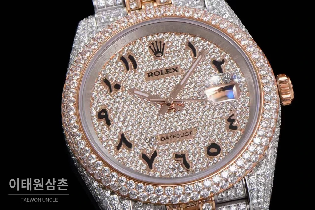 롤렉스 데이트저스트 904L스틸 풀다이아 아이스아웃 오토매틱 41mm 화이트 다이얼 투톤 브레이슬릿 로즈골드 베젤 (2)