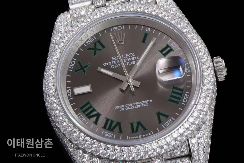 롤렉스 데이트저스트 904L스틸 풀다이아 아이스아웃 오토매틱 41mm 그레이 다이얼 스틸 브레이슬릿 실버 베젤