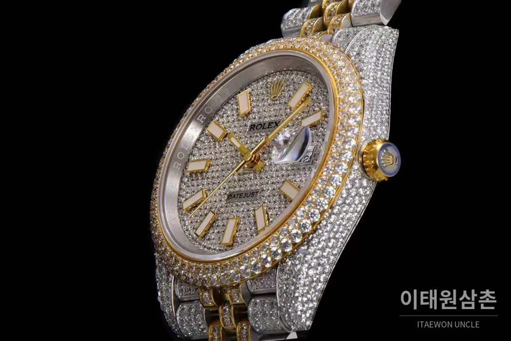 롤렉스 데이트저스트 904L스틸 풀다이아 아이스아웃 오토매틱 41mm 화이트 다이얼 투톤 브레이슬릿 골드 베젤