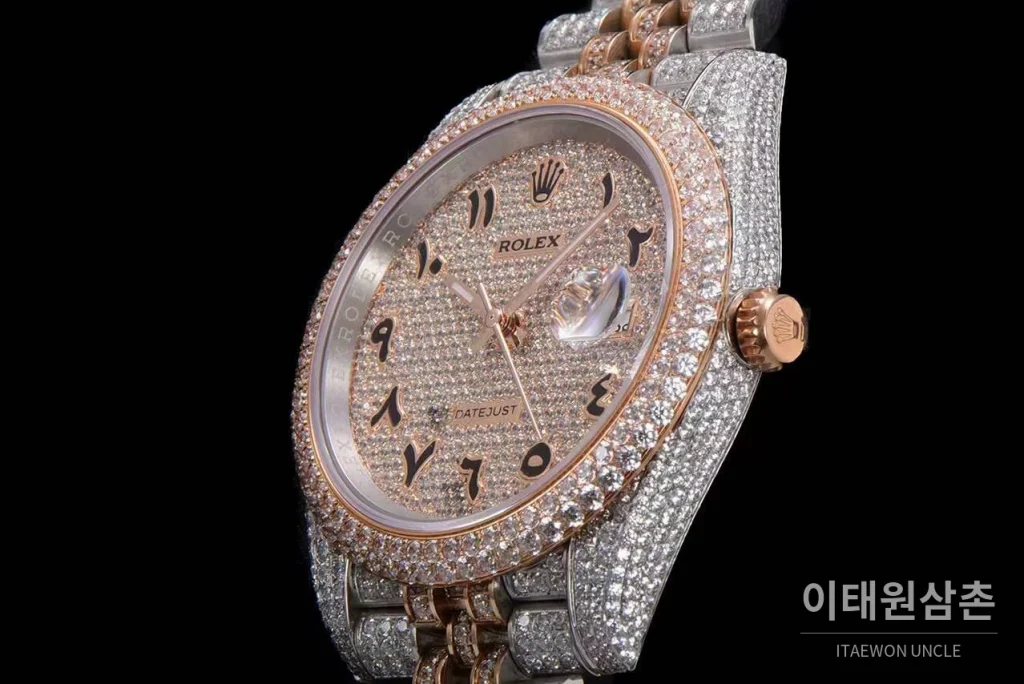 롤렉스 데이트저스트 904L스틸 풀다이아 아이스아웃 오토매틱 41mm 화이트 다이얼 투톤 브레이슬릿 로즈골드 베젤 (2)