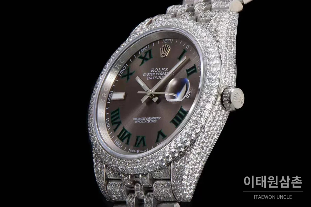 롤렉스 데이트저스트 904L스틸 풀다이아 아이스아웃 오토매틱 41mm 그레이 다이얼 스틸 브레이슬릿 실버 베젤