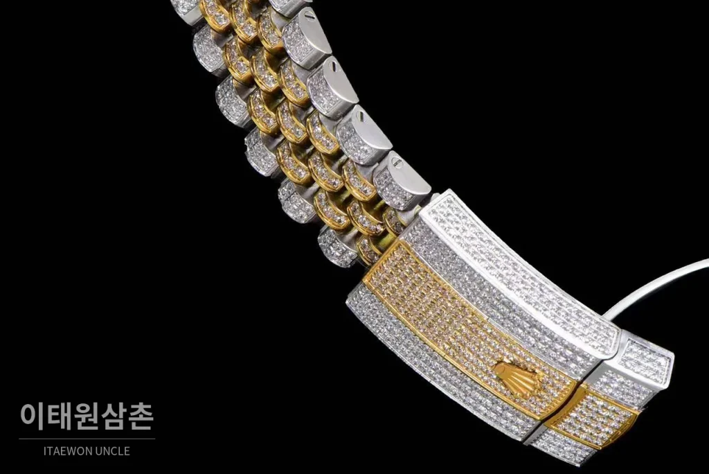 롤렉스 데이트저스트 904L스틸 풀다이아 아이스아웃 오토매틱 41mm 화이트 다이얼 투톤 브레이슬릿 골드 베젤
