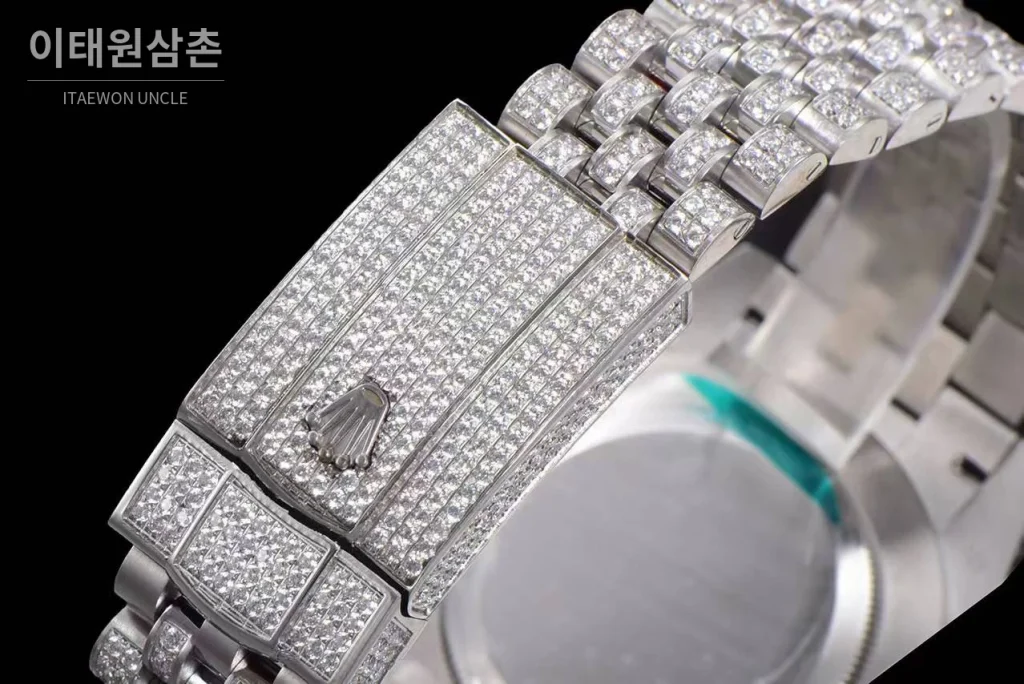 롤렉스 데이트저스트 904L스틸 풀다이아 아이스아웃 오토매틱 41mm 그레이 다이얼 스틸 브레이슬릿 실버 베젤