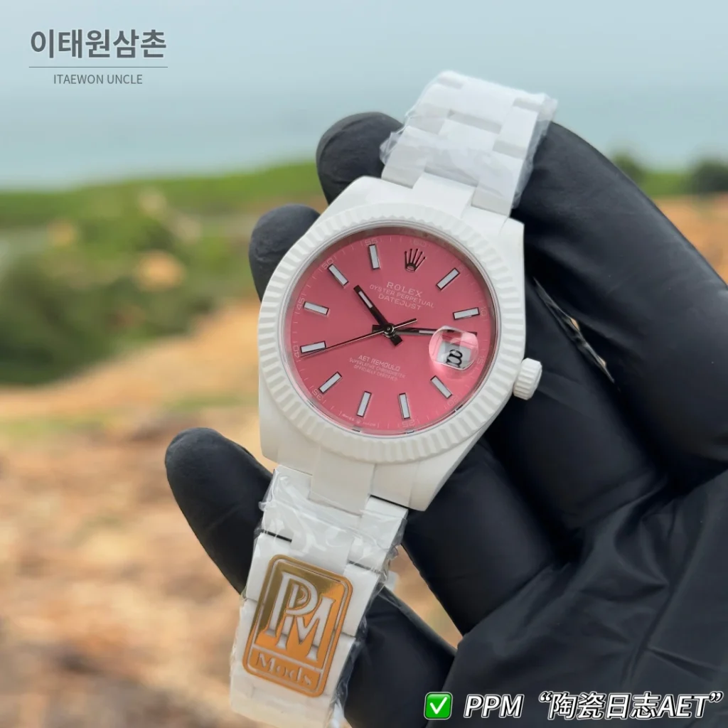 롤렉스 데이트저스트 오토매틱 41mm 핑크 다이얼 세라믹 브레이슬릿 화이트 베젤