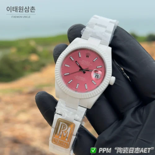 롤렉스 데이트저스트 오토매틱 41mm 핑크 다이얼 세라믹 브레이슬릿 화이트 베젤 롤렉스 데이트저스트 오토매틱 41mm 핑크 다이얼 세라믹 브레이슬릿 화이트 베젤
